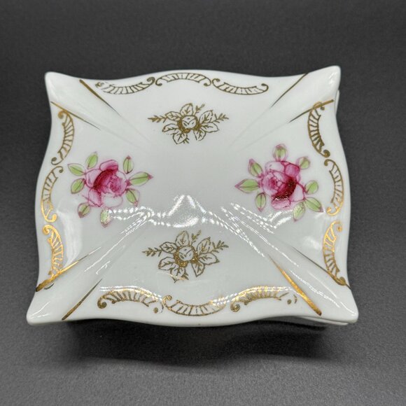 Vintage Porcelain Trinket Box w/Lid Shafford White Pink Flowers Gold Accents - Picture 5 of 9